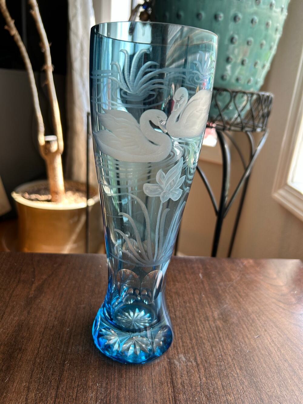 New Vintage blue cut to clear glass bud vase etched swans